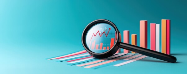 Strategic planning resources evaluation concept. Magnifying glass over colorful bar charts on a blue background.