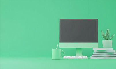 Modern workspace with green background, computer, and plant decor