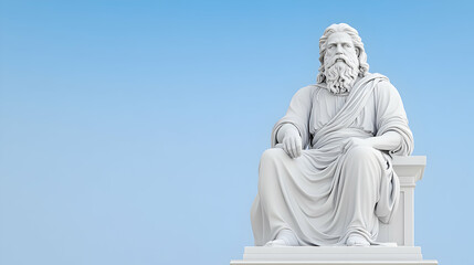 Seated marble statue of a bearded man against a clear blue sky
