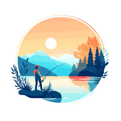 Fisherman Enjoying Tranquility by a Scenic Mountain Lake  