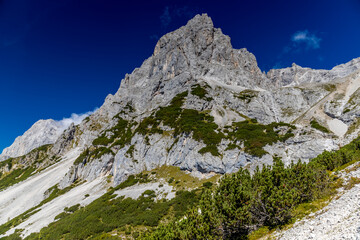 Dachstein mountain range in Austria Alps. Rocky mountain peaks summits and ranges of Dachstein...