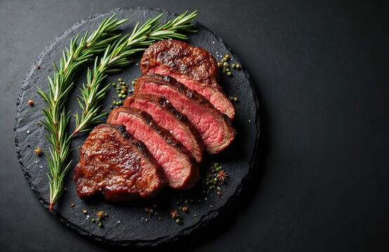 Sliced T-bone or porterhouse beef steak on black plate. Roasted meat cut with herbs, spices. Steakhouse menu recipe with text space. Gourmet dinner, BBQ grill.