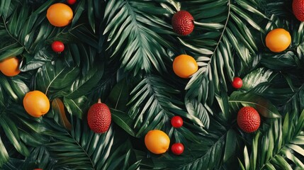 Tropical fruits on palm leaves