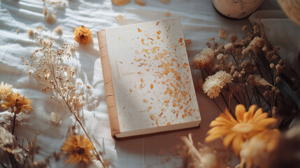Aesthetic floral journal with dried flowers and soft natural light &ndash; vintage-inspired stationery on a cozy linen background