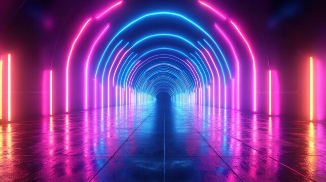Neon Lines in Cyberpunk Landscape Glowing in Ultraviolet Spectrum Futuristic Abstract Background