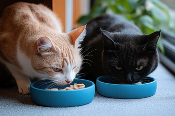 Two Cats Eating Together from Blue Bowls in a Cozy Home Setting