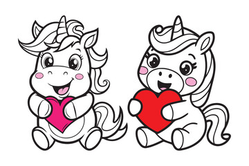Cute Unicorns with Hearts Silhouette Vector