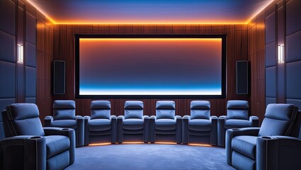cinema auditorium with chairs Luxurious Home Theater with Ambient LED Lighting, Plush Recliners, and Immersive Sound System