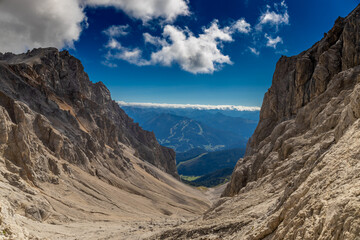 Dachstein mountain range in Austria Alps. Rocky mountain peaks summits and ranges of Dachstein famous hiking and alpine climbing destination in Europe. Austria beautiful mountain landscape in summer