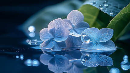Blue hydrangea flowers in water with a reflection creating a serene nature scene, AI generated