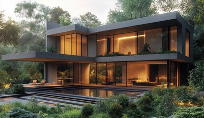 Modern minimalist house design geometric structure surrounded by greenery