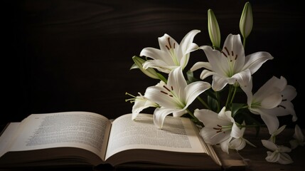 White Lilies Resting on an Open Antique Book