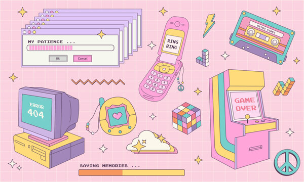 Big sticker collection in trendy retro y2k style. Kawaii elements set. Glamour 2000s. Nostalgia for 1990s -2000s.Vector illustration