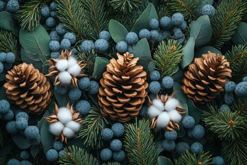 Fototapeta premium Pinecone and Cotton Floral Wreath with Green Leaves for Christmas Decoration