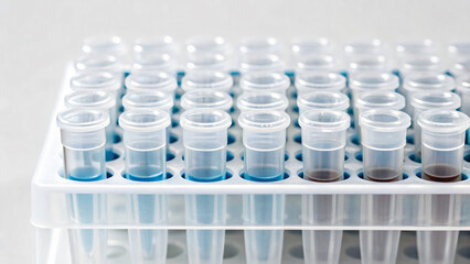 Laboratory Test Tubes Organized in a Clear Plastic Rack for Scientific Research Purposes