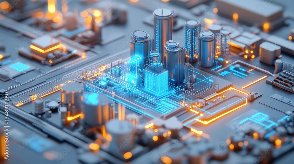 Poster a futuristic digital twin model of a smart factory with ai automation.