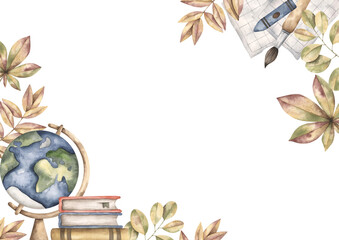 Back to school. Watercolor hand-drawn frame with globe, stack of books, paper,. brush, felt-tip pen and autumn leaves. Cute school compositions for kids