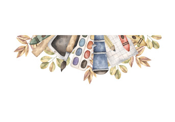 Back to school. Watercolor hand-drawn border with brush, pencil, ruler, felt-tip pen, test tube, watercolor paints, tablet, sheet, telescope and autumn leaves. Cute school compositions for kids