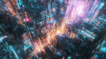 Futuristic city aerial view, vibrant lights, nighttime, digital art, website banner