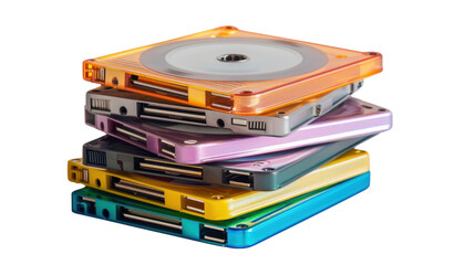 Stack of colorful magneto-optical discs on transparent background