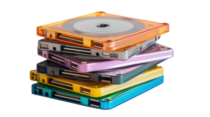 Stack of colorful magneto-optical discs on transparent background