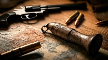 Obraz premium Vintage exploration tools and a revolver on an old map, evoking adventure and discovery