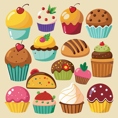 Cute cartoon cupcakes form a seamless pattern of sweet dessert vectors