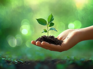 Fototapeta premium Close-Up Hand Holding Green Plant Growing From Soil On Green Background