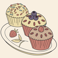 Sweet pink cupcakes and chocolate cake set, a delicious bakery illustration of cream-topped dessert