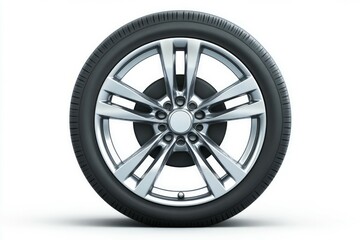 Silver alloy car wheel with black tire on white background. Reflective surface and detailed tread enhance sleek design. Side perspective lighting. Neural network AI generated