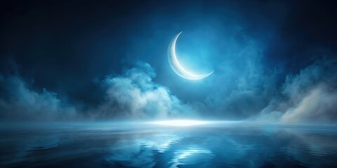Serene Nightscape Crescent Moon's Reflection on Calm Waters Under a Starry Sky