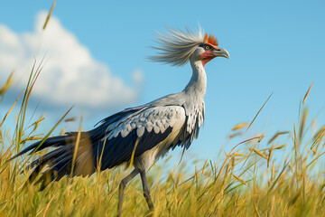 Fototapeta premium Secretary bird walking in the savanna under a clear blue sky with tall grass