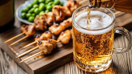 Cold beer being poured into a glass mug with grilled chicken skewers and edamame on a wooden table. A refreshing and appetizing scene of food and drinks.