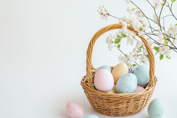 Fototapeta premium Easter-themed composition, featuring pastel-colored eggs, a wicker basket, fresh spring flowers, and decorative elements on a simple white background with copy space