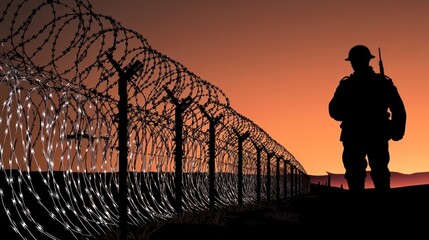 Silhouette of a soldier standing guard by a barbed wire fence at sunset, symbolizing security
