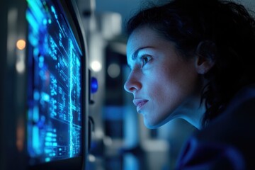 Focused individual analyzing complex data on glowing screen, imm