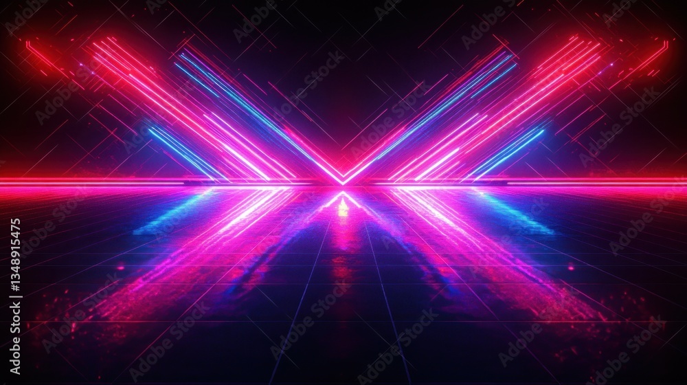 Poster neon arrows converging in symmetrical duality abstract geometric background