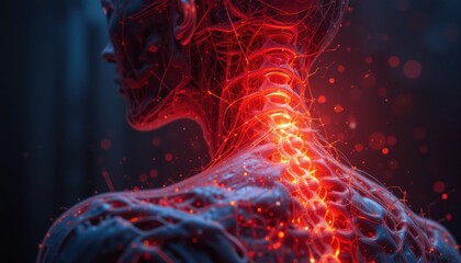 A glowing red spinal column illuminates a detailed anatomical rende of a human figure's back and neck area in a dark, mysterious setting creating a surreal and artistic image.
