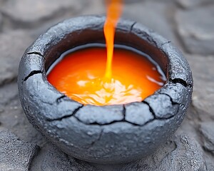 Molten orange liquid pours into a cracked dark colored bowl