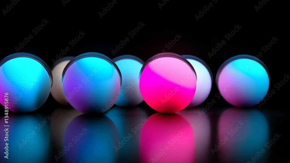 Poster vibrant neon orbs transform with colorful reflections in dark setting