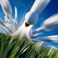 A golf ball soars like a missile, glistening in sunlight, with motion blur against a vibrant green background and a bright blue sky.
