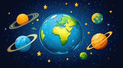 Earth and planets in outer space with stars.