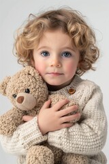 A young Caucasian boy with curly hair lovingly holds a plush teddy bear, dressed in a cozy cream sweater.