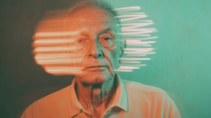 Elderly man with abstract motion light effects