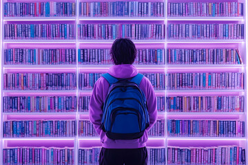 Student with backpack facing a wall of books under purple lights