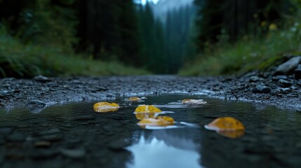 Fototapeta premium Fallen leaves in a mountain puddle