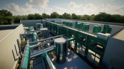 Fototapeta premium A geothermal energy plant with heat exchangers and eco-friendly architecture.