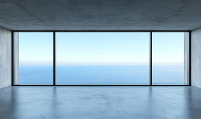 Fototapeta premium Minimalist Interior with Large Windows and Ocean View at Dusk