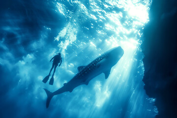 Obraz premium A diver exploring the depths alongside a majestic whale shark, illuminated by sunlight filtering through the water.