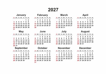 2027 Sunday Start Horizontal Black and White Red Calendar Template, Simple layout of pocket or wall calendars. Yearly Stationery organizer in minimal design